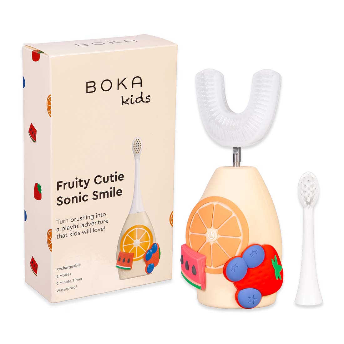 Boka Kids Sonic Toothbrush set makes dental care fun while fighting plaque.