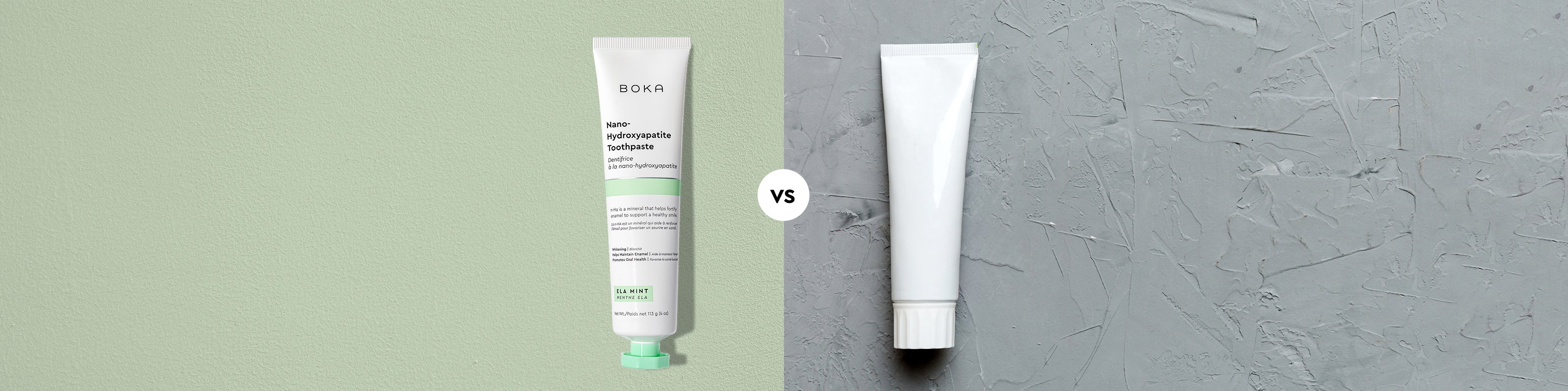 image of Boka Ela Mint Toothpaste vs. unbranded fluoride toothpaste
