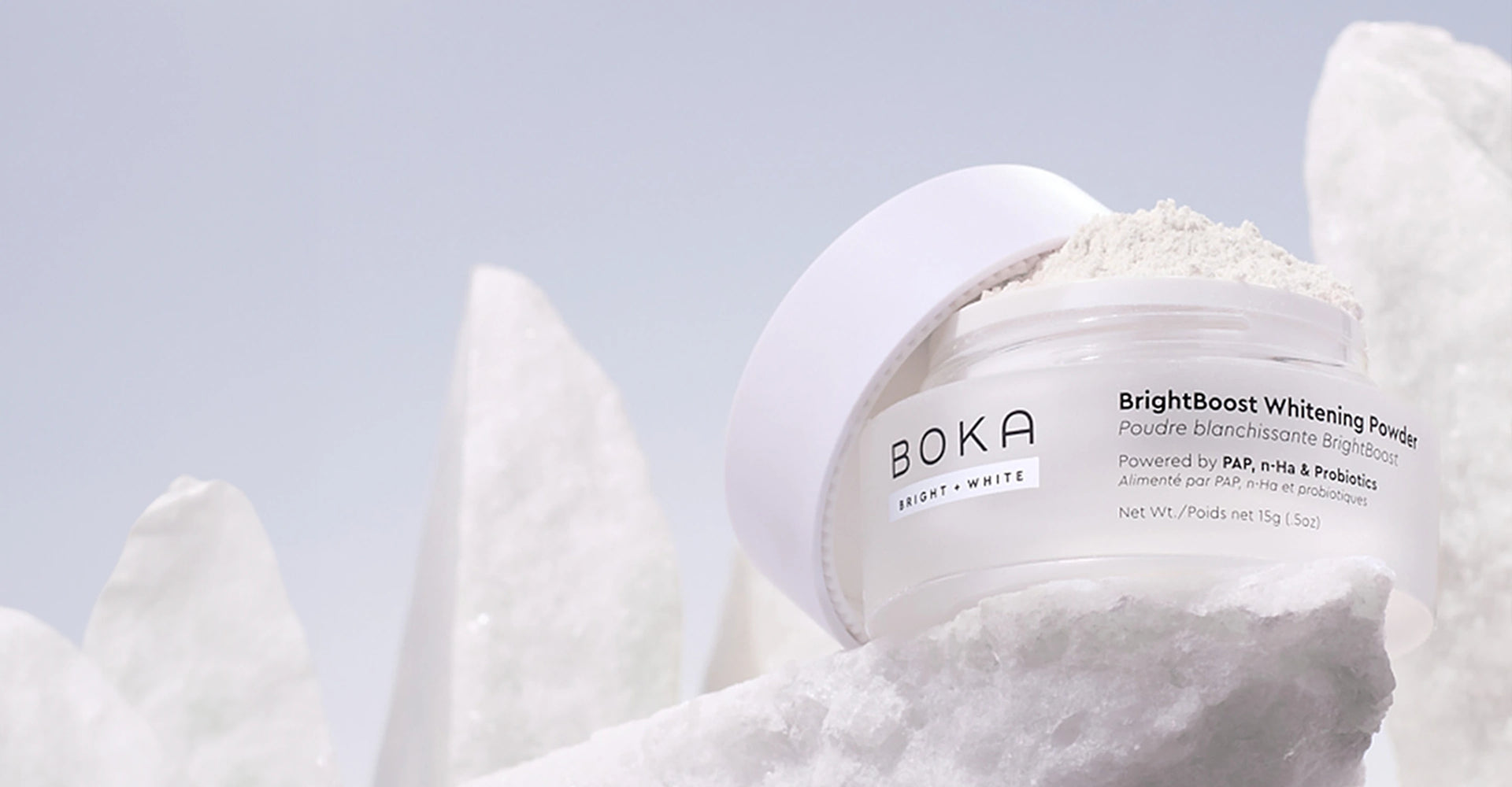 Boka BrightBoost Whitening Powder packaging with a white background