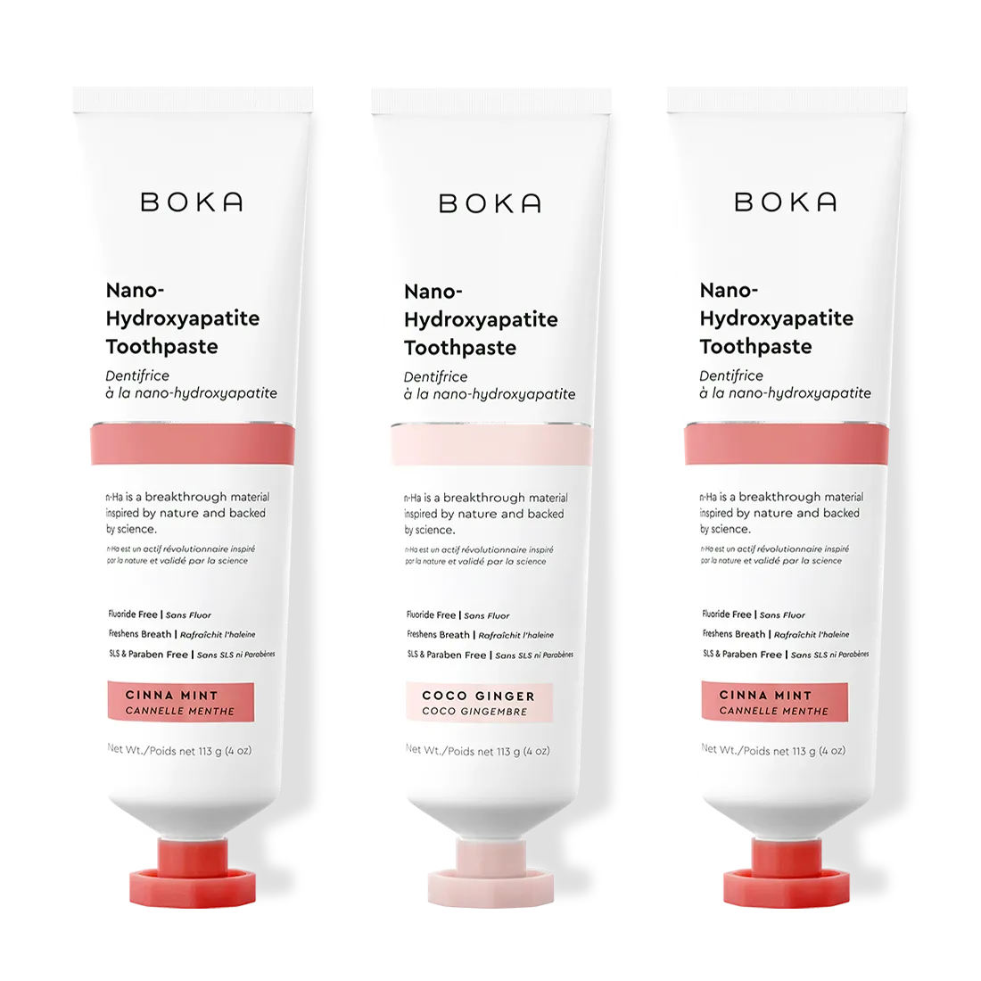 Three tubes of Boka Nano-Hydroxyapatite Toothpaste on a white background