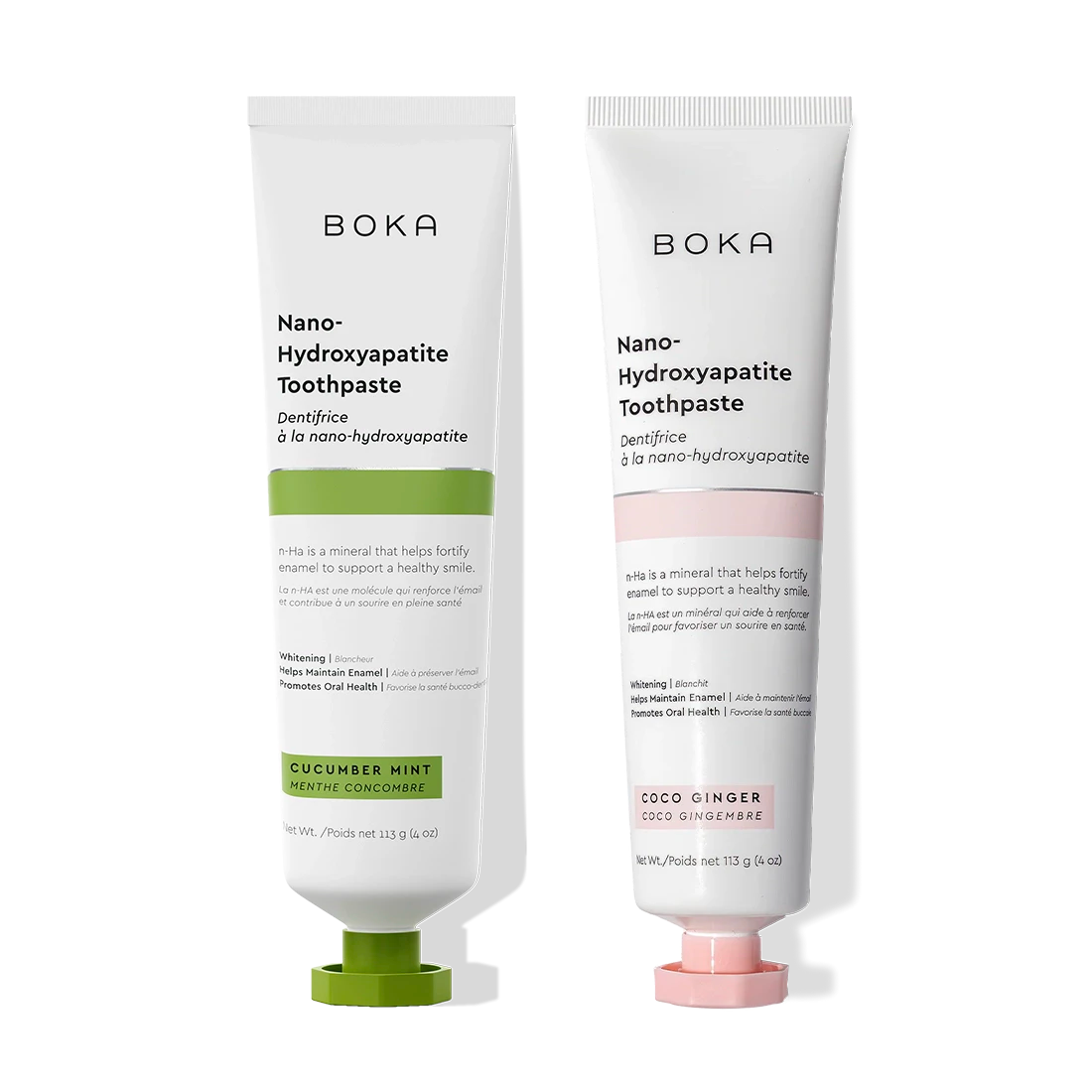 The n-Ha Toothpaste 2-Pack, in cucumber mint and coco ginger, stands on a black background.