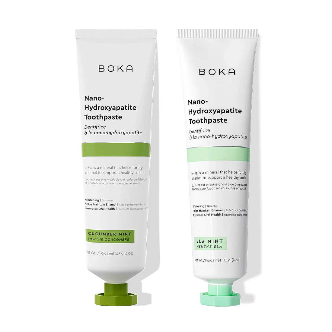 N-Ha Toothpaste 2-Pack: remineralizing nano-hydroxyapatite in cucumber mint & ela mint flavors.