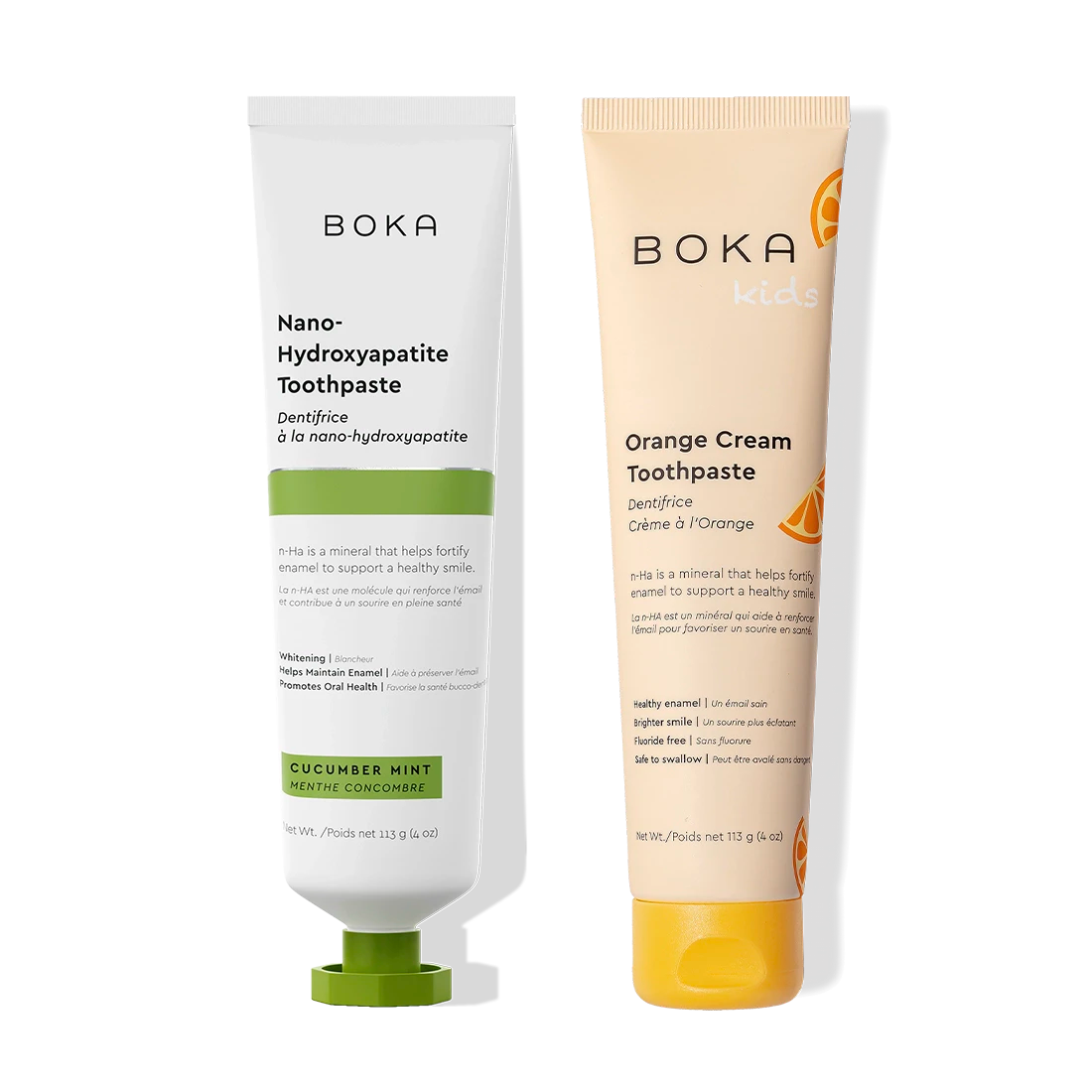 The n-Ha Toothpaste 2-Pack includes cucumber mint and orange cream for kids with nano-hydroxyapatite.