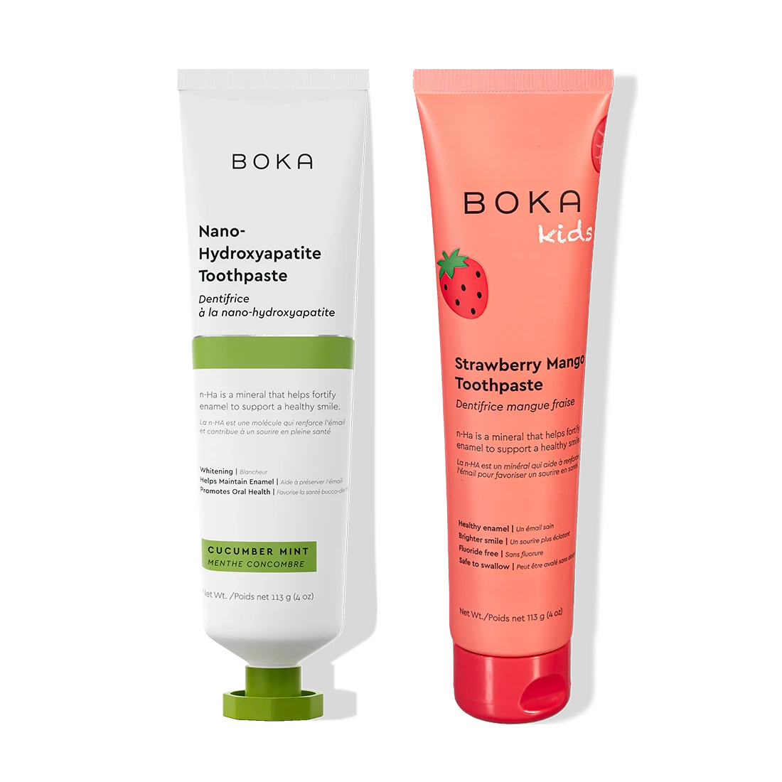 N-Ha Toothpaste 2-Pack: remineralizing formula for kids and adults, pictured on black.