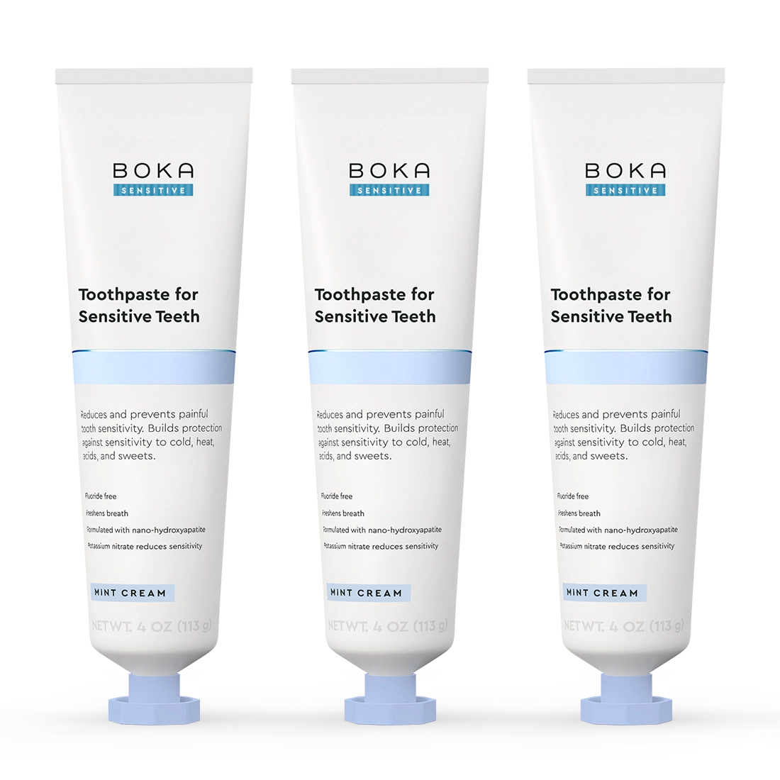Three tubes of Boka Sensitive Toothpaste for Sensitive Teeth on a white background