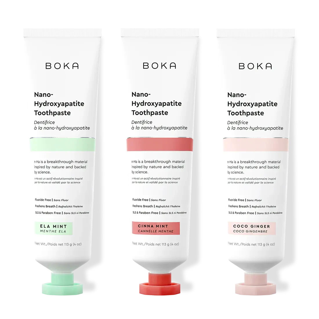 Three tubes of Boka Nano-Hydroxyapatite Toothpaste with different flavors on a white background.