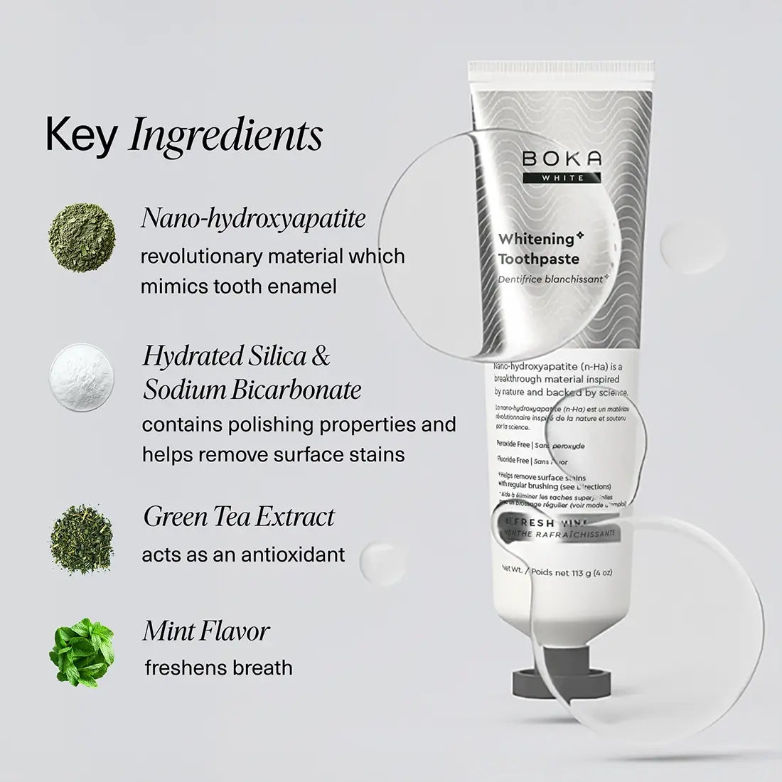 Boka Whitening Toothpaste with key ingredients listed on a gray background