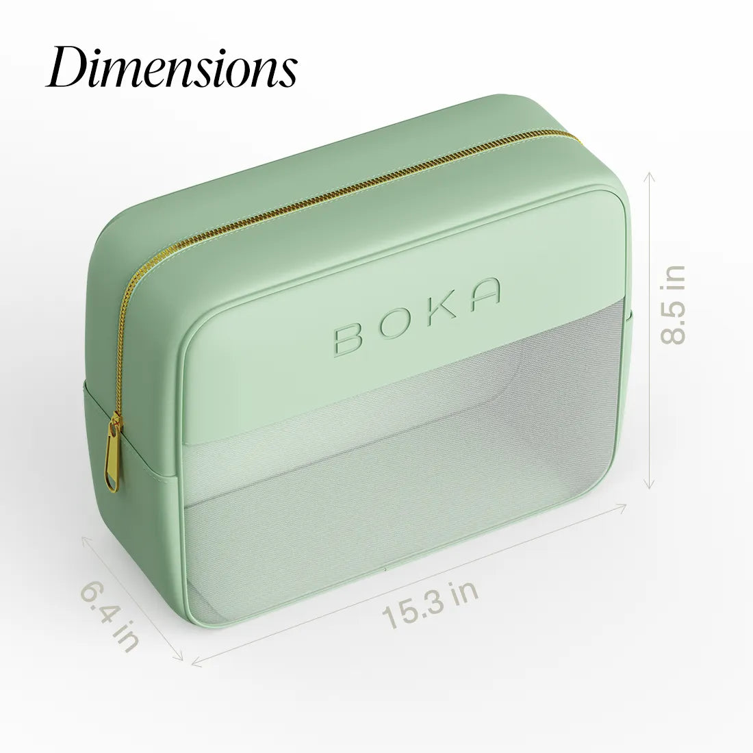 Green travel case with 'Boka' branding and dimensions displayed on a white background