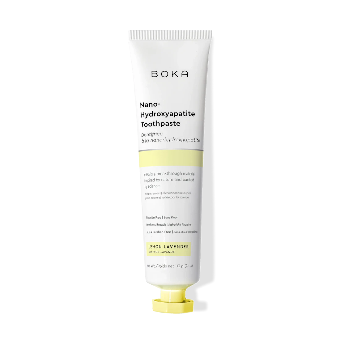 Lemon Lavender n-Ha Toothpaste tube, fluoride free, on a black background.