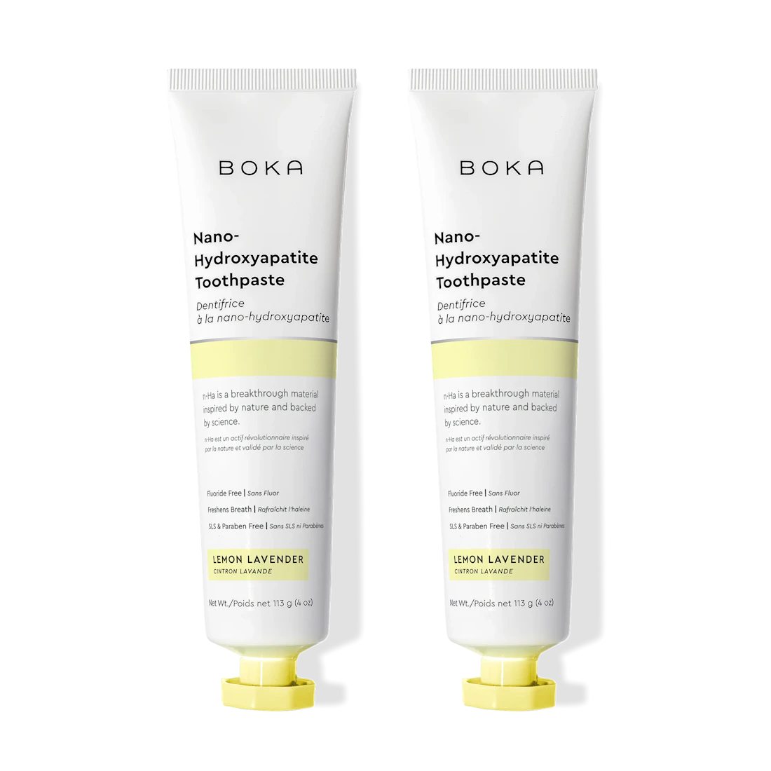 Two tubes of Boka Nano-Hydroxyapatite Toothpaste on a white background
