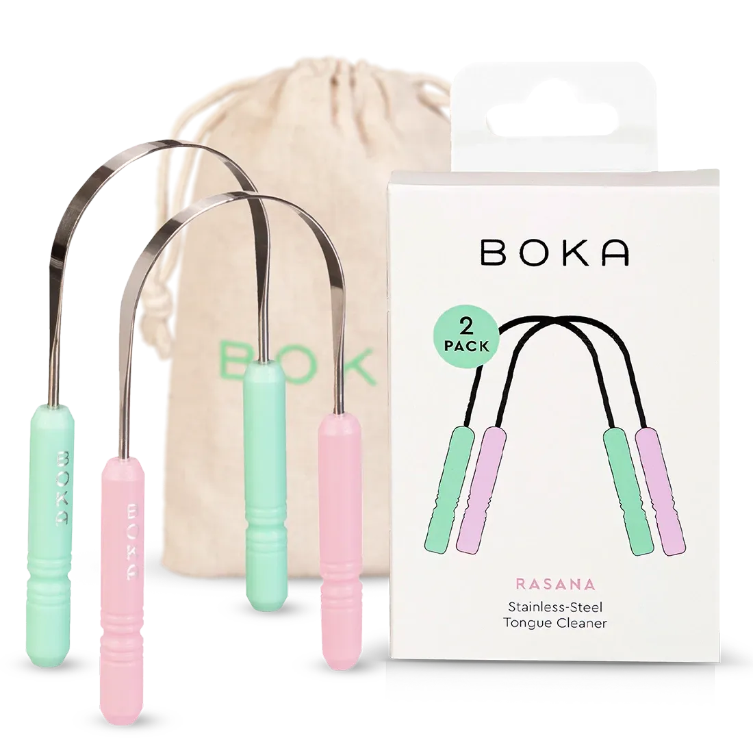 Boka stainless-steel tongue cleaners with packaging and drawstring bag on a white background