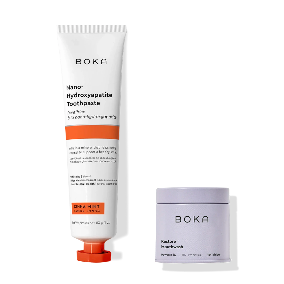 The Mighty Duo includes Boka n-Ha Toothpaste and Restore Mouthwash tablets for your oral microbiome.