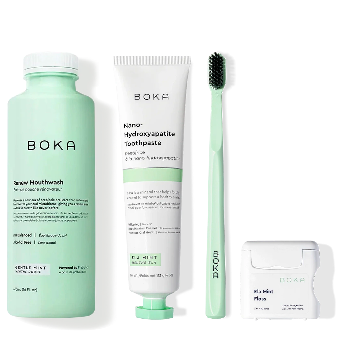 Minty Fresh set with probiotic mouthwash, nano-hydroxyapatite toothpaste, and mint green packaging.