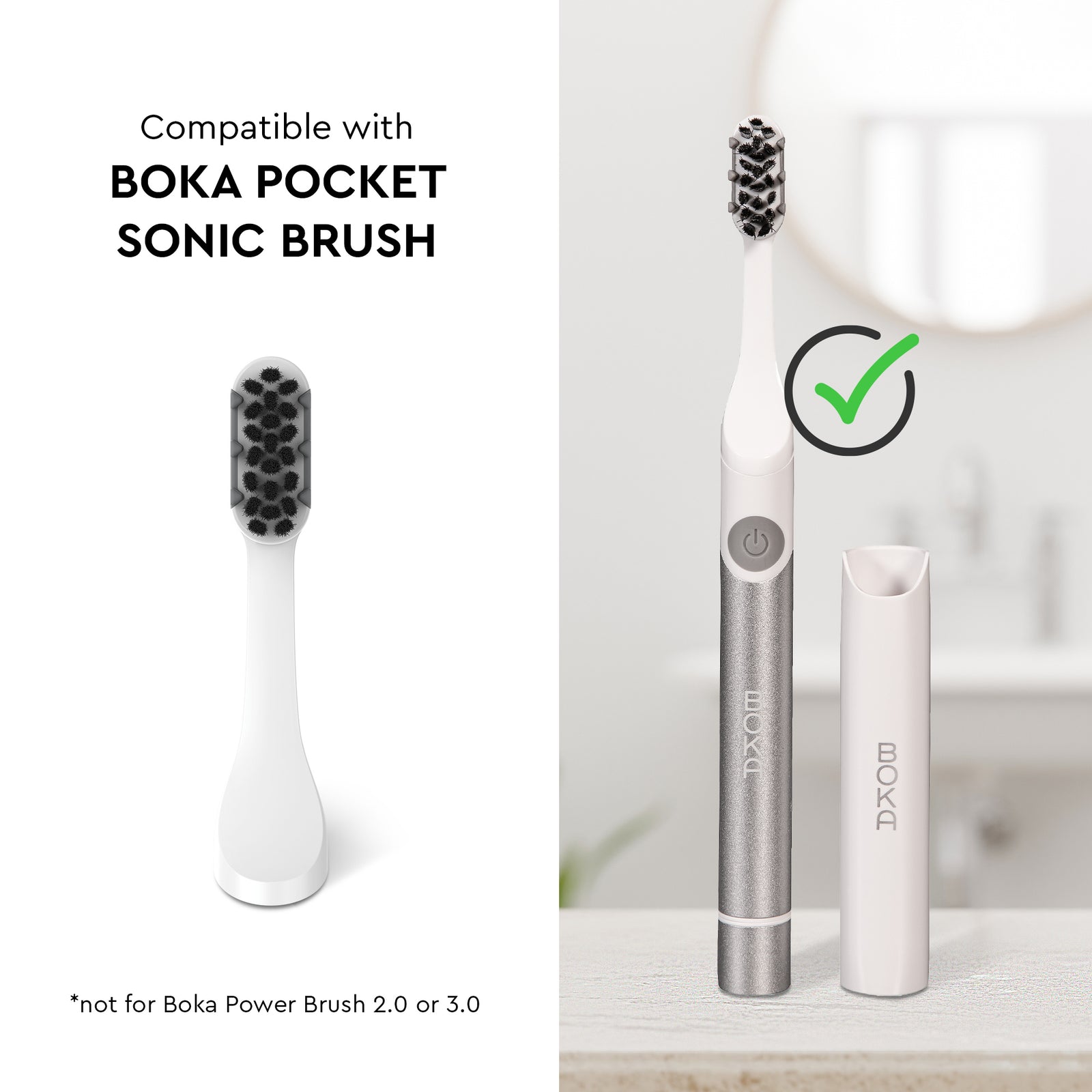 Replacement Heads for Boka Pocket Brush—green checkmark shows they are compatible.