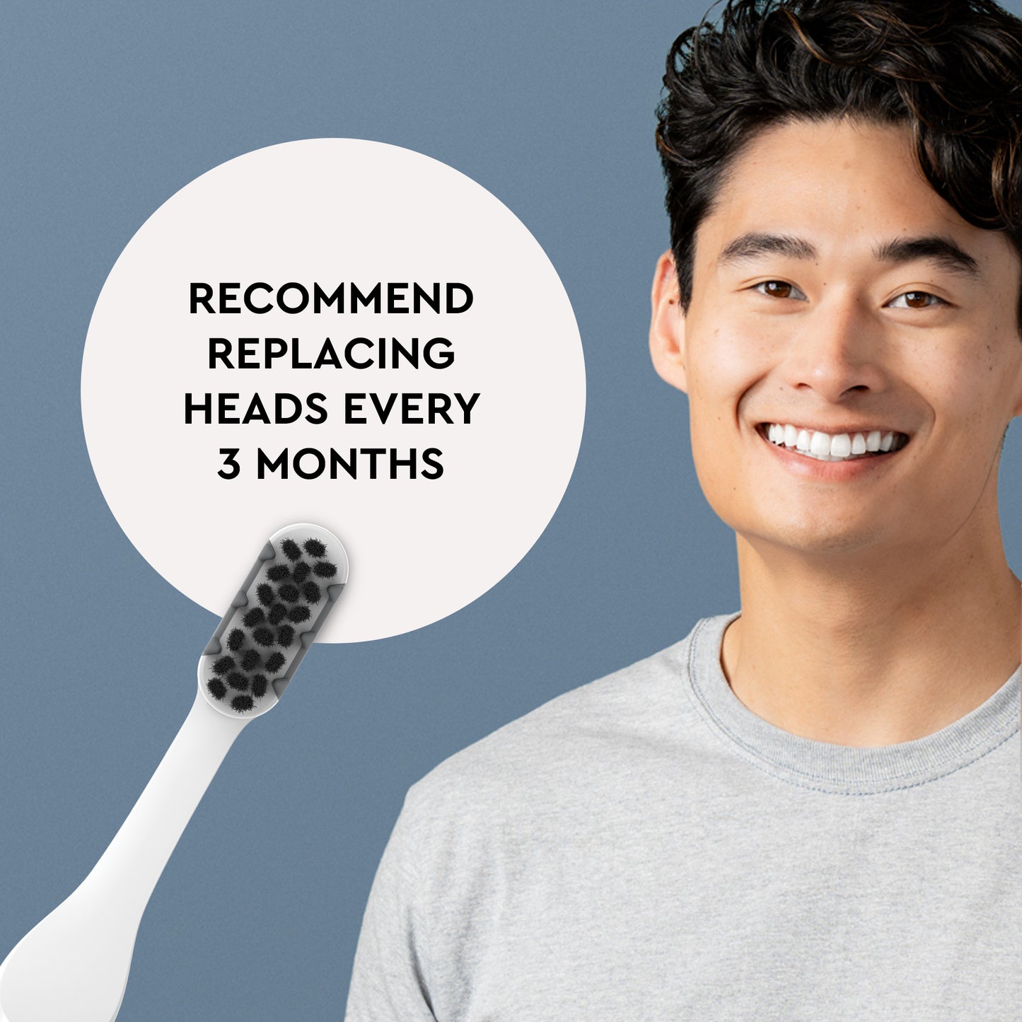 Smiling man beside Replacement Heads for Boka Pocket Brush and text: “Replace heads every 3 months.”.