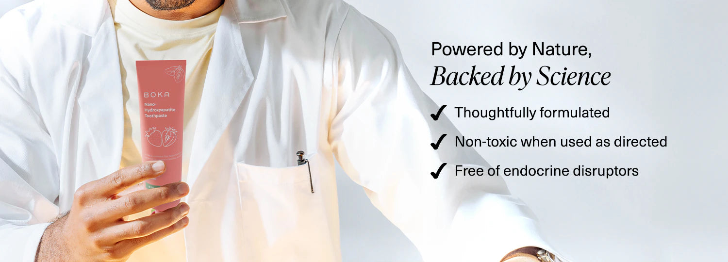 Person in a white lab coat holding a pink tube; product benefits are listed beside them.