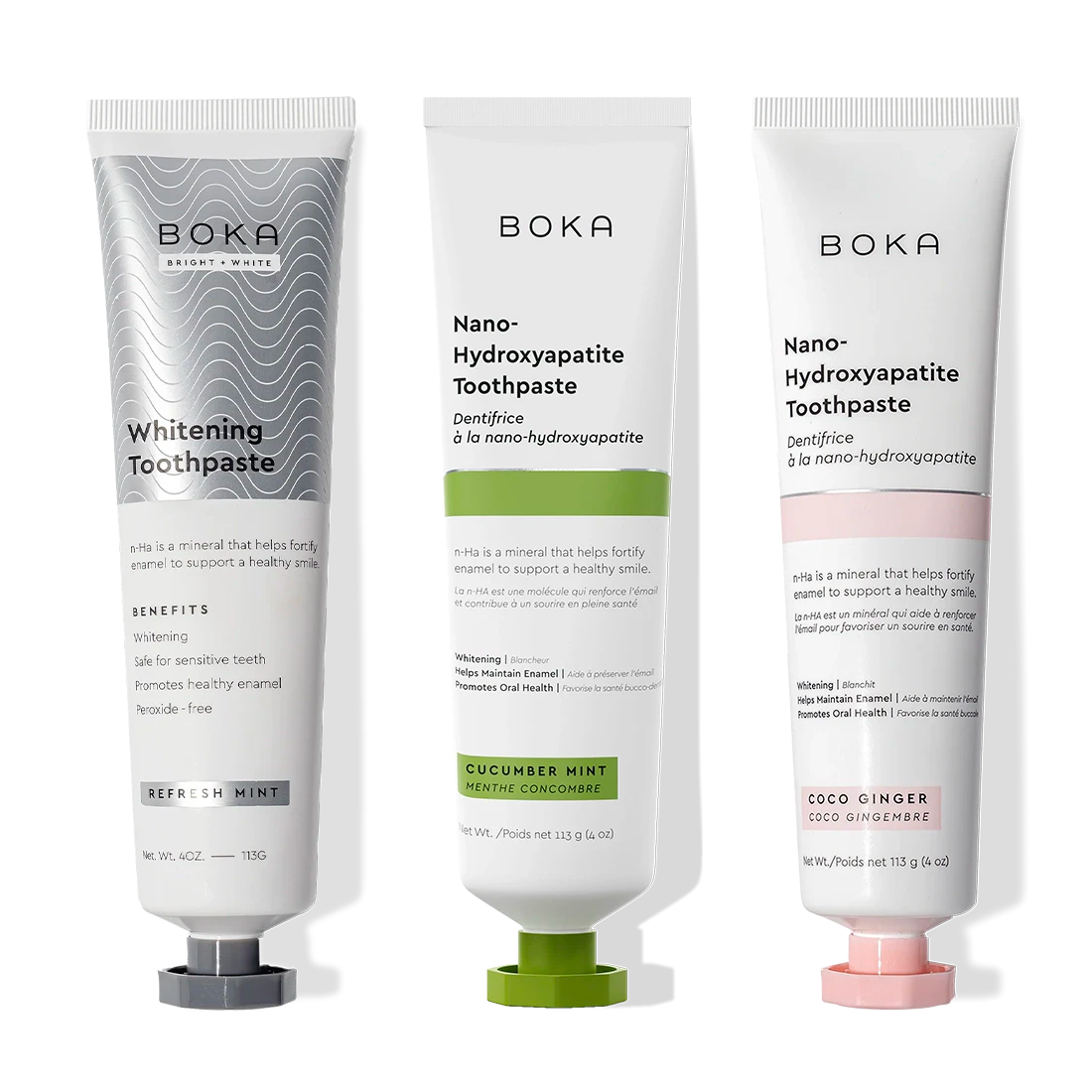 Three Nano (n-Ha) Toothpaste Whitening tubes stand upright, each with colored caps and flavors.