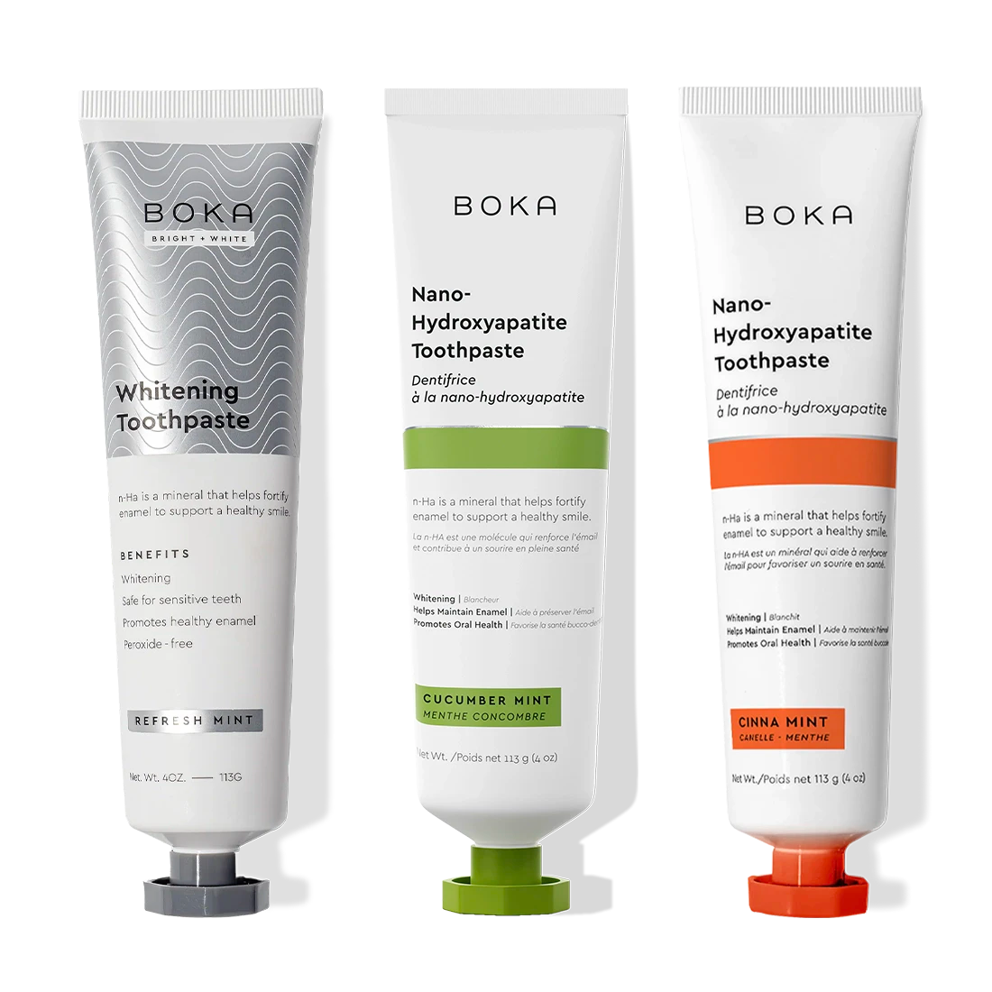 Three Nano (n-Ha) Toothpaste Whitening 3 Pack tubes upright on a black background.