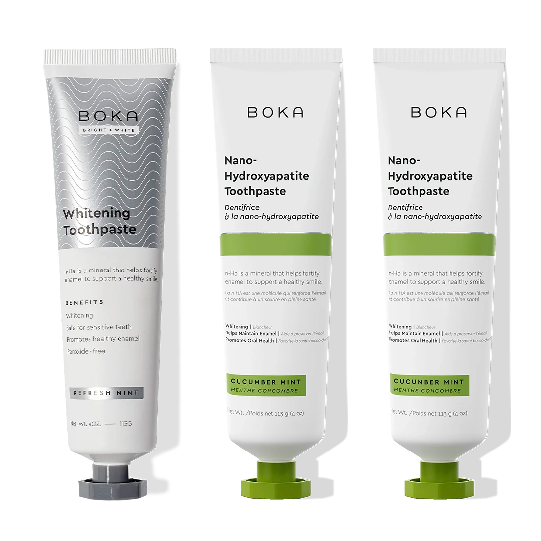 Three-pack: Nano (n-Ha) Toothpaste Whitening, peroxide-free, in Cucumber Mint flavor.