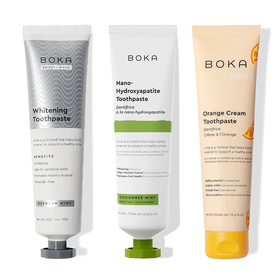 Three Nano (n-Ha) Toothpaste Whitening 3 Packs upright on display.