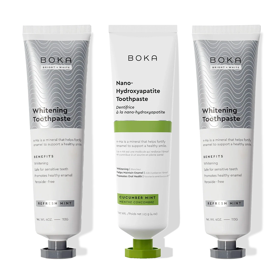Three Nano (n-Ha) Toothpaste Whitening 3 Packs on a white background.