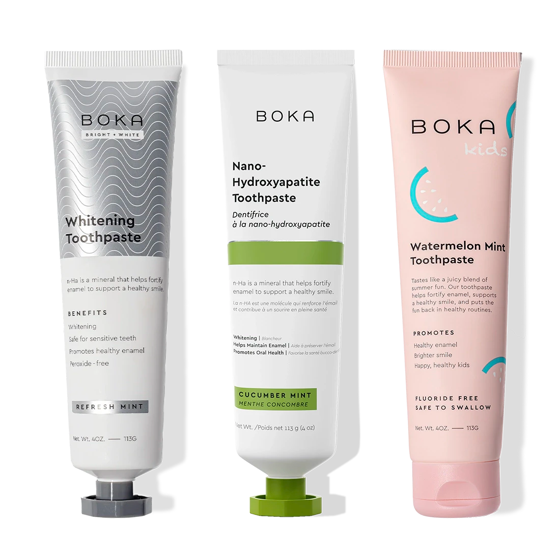 Three Boka Nano (n-Ha) Toothpaste Whitening tubes—peroxide-free, 3 pack.
