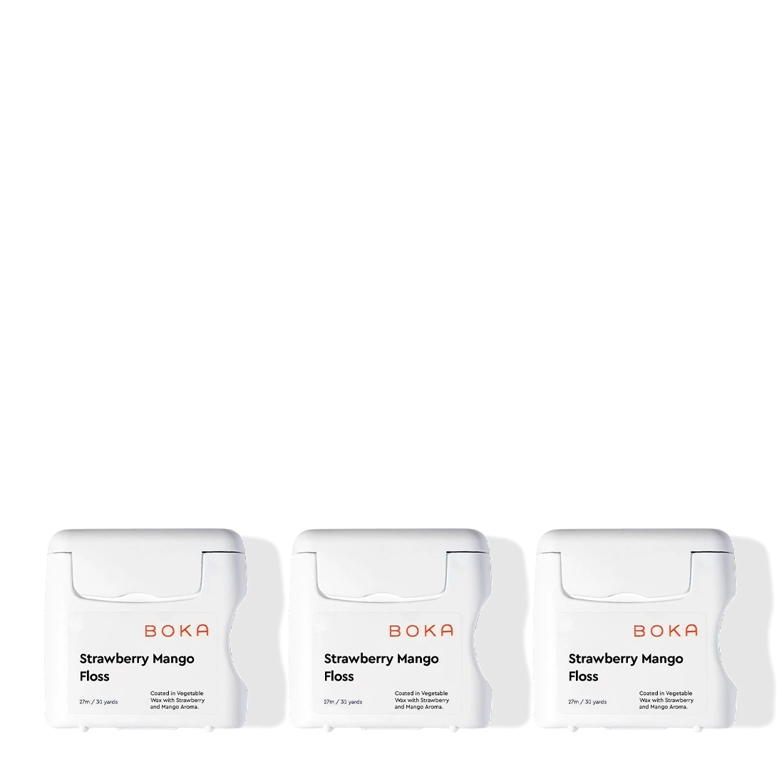 Three Boka Floss - Strawberry Mango containers, BPA-free, arranged in a row on white background.