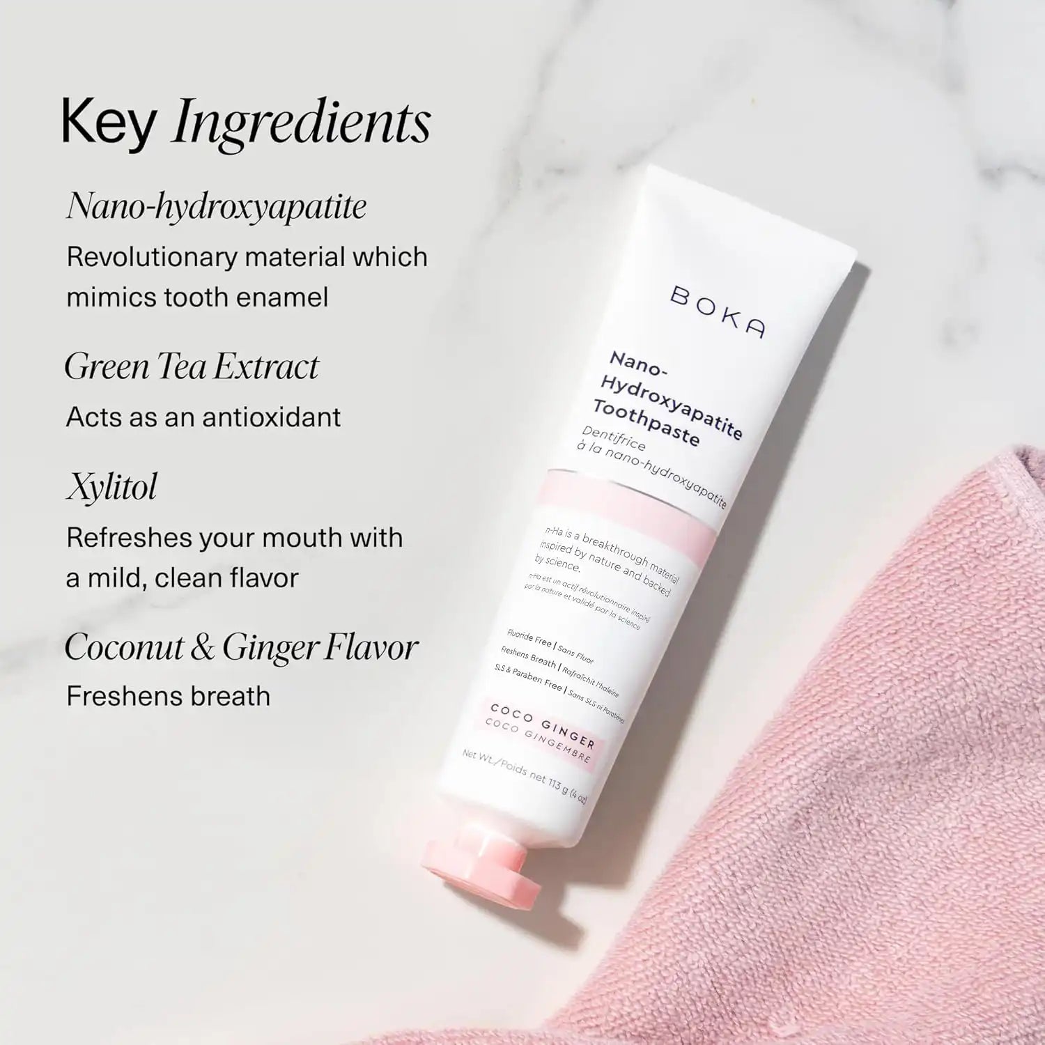 Boka Nano-Hydroxyapatite Toothpaste with key ingredients listed on a marble surface.