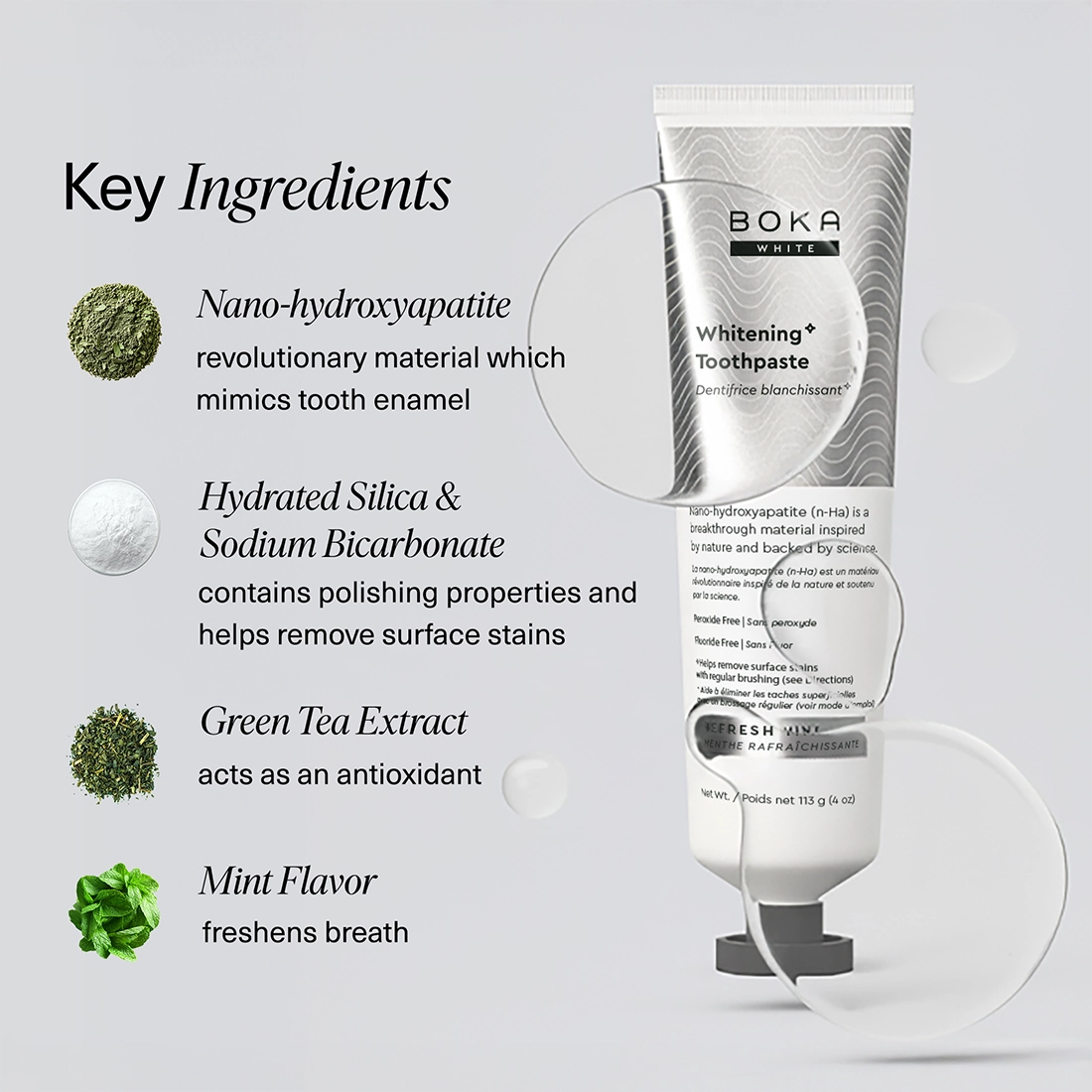 Boka Whitening Toothpaste with key ingredients listed on a gray background