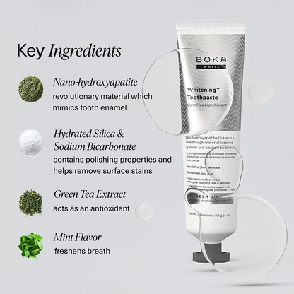 Boka Whitening Toothpaste with key ingredients listed on a gray background