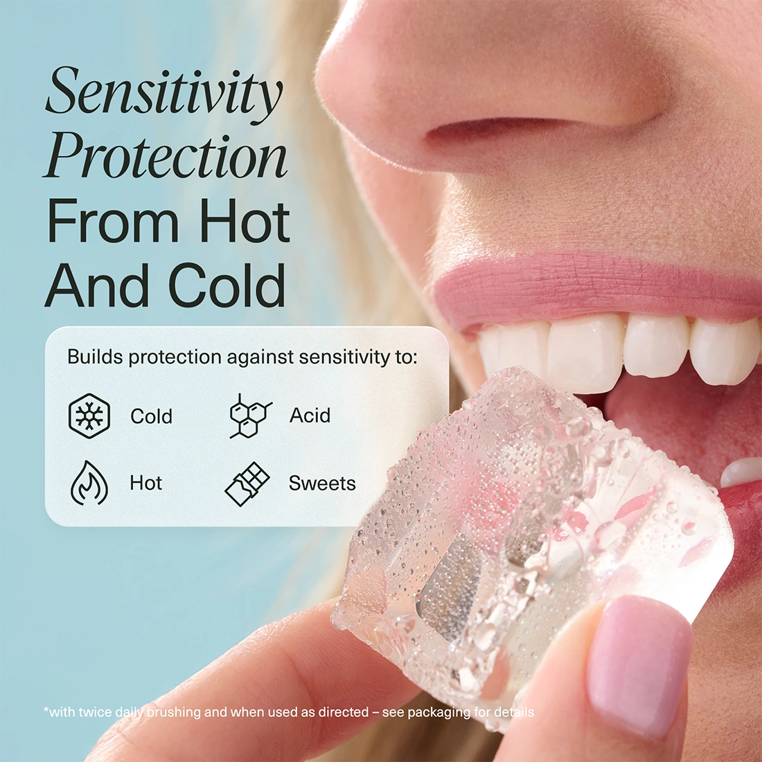 Product packaging with text on sensitivity protection against cold, acid, hot, and sweets.