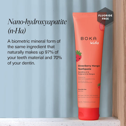 Boka Kids Strawberry Mango Toothpaste tube on a light blue background