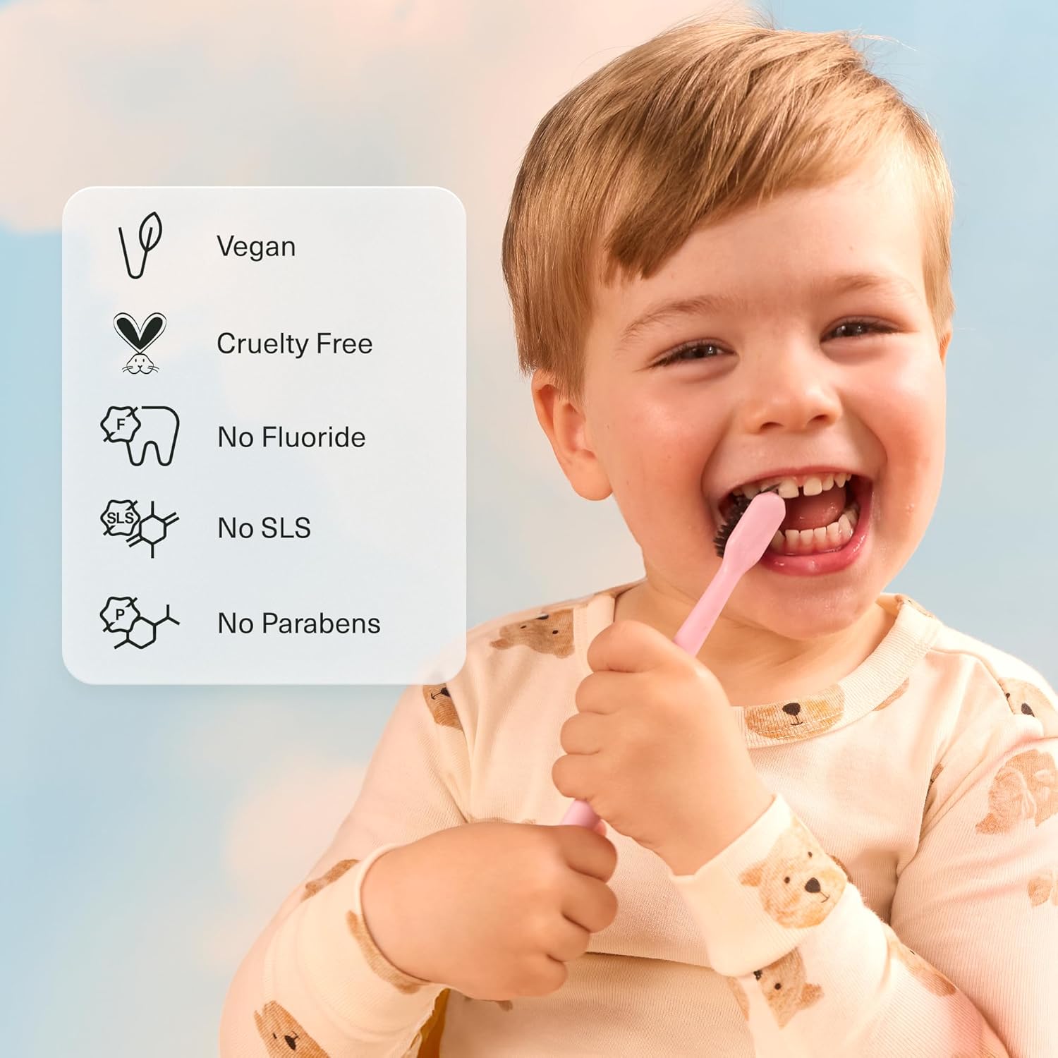 Child brushing teeth with a list of product features on the left