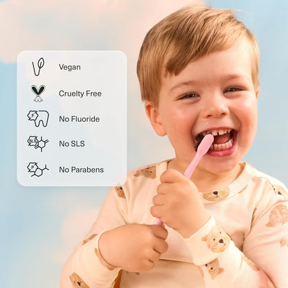 Child brushing teeth with a list of product features on the left