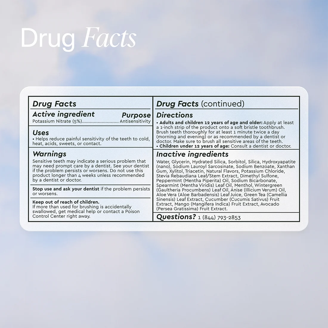 Drug facts label for a dental product on a light blue background