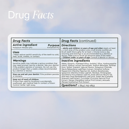 Drug facts label for a dental product on a light blue background