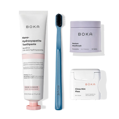 Boka Advanced Kit with kid-friendly toothpaste, black brush, mouthwash tabs & mint floss.