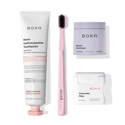 Advanced Kit: kid-safe toothpaste, pink toothbrush, mouthwash tablets, and dental floss.