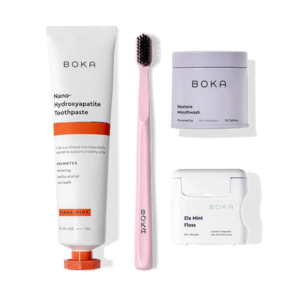 The Advanced Kit includes kid-safe Boka toothpaste, a pink toothbrush, mouthwash, and Ela Mint floss.