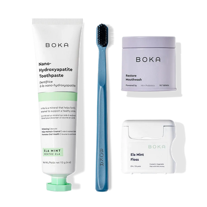 Advanced Kit—Boka toothpaste, toothbrush, floss, and mouthwash tablets—kid-safe if ingested.