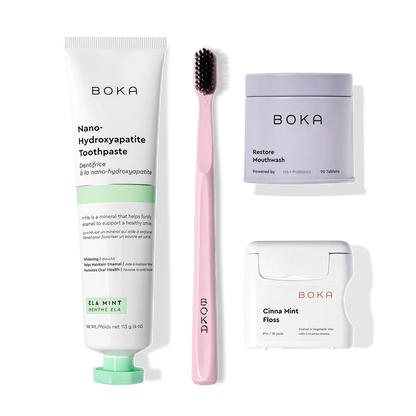 Advanced Kit with kids toothpaste, pink toothbrush, and safe if ingested mouthwash tablets.