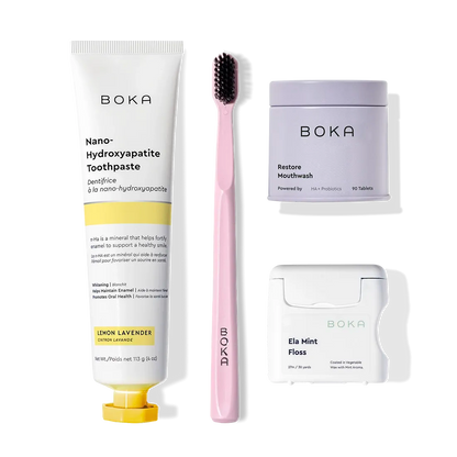 Advanced Kit—includes Boka toothpaste, pink toothbrush, and mint floss—safe for kids if ingested.