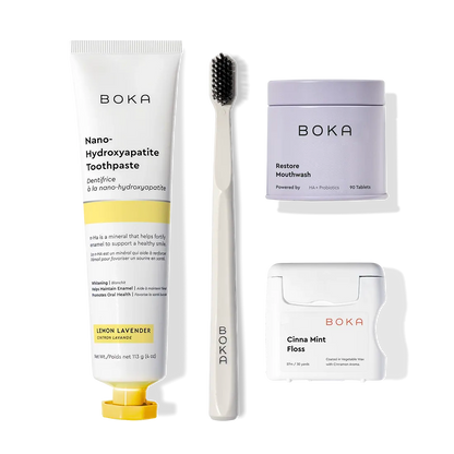 Advanced Kit: Boka toothpaste (safe if swallowed), toothbrush, floss, and mouthwash tablets shown.