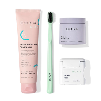 Advanced Kit includes kid-safe toothpaste, toothbrush, mouthwash tablets, and mint floss.