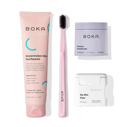 The Advanced Kit includes four Boka oral care products: toothpaste, toothbrush, tablets, and floss.