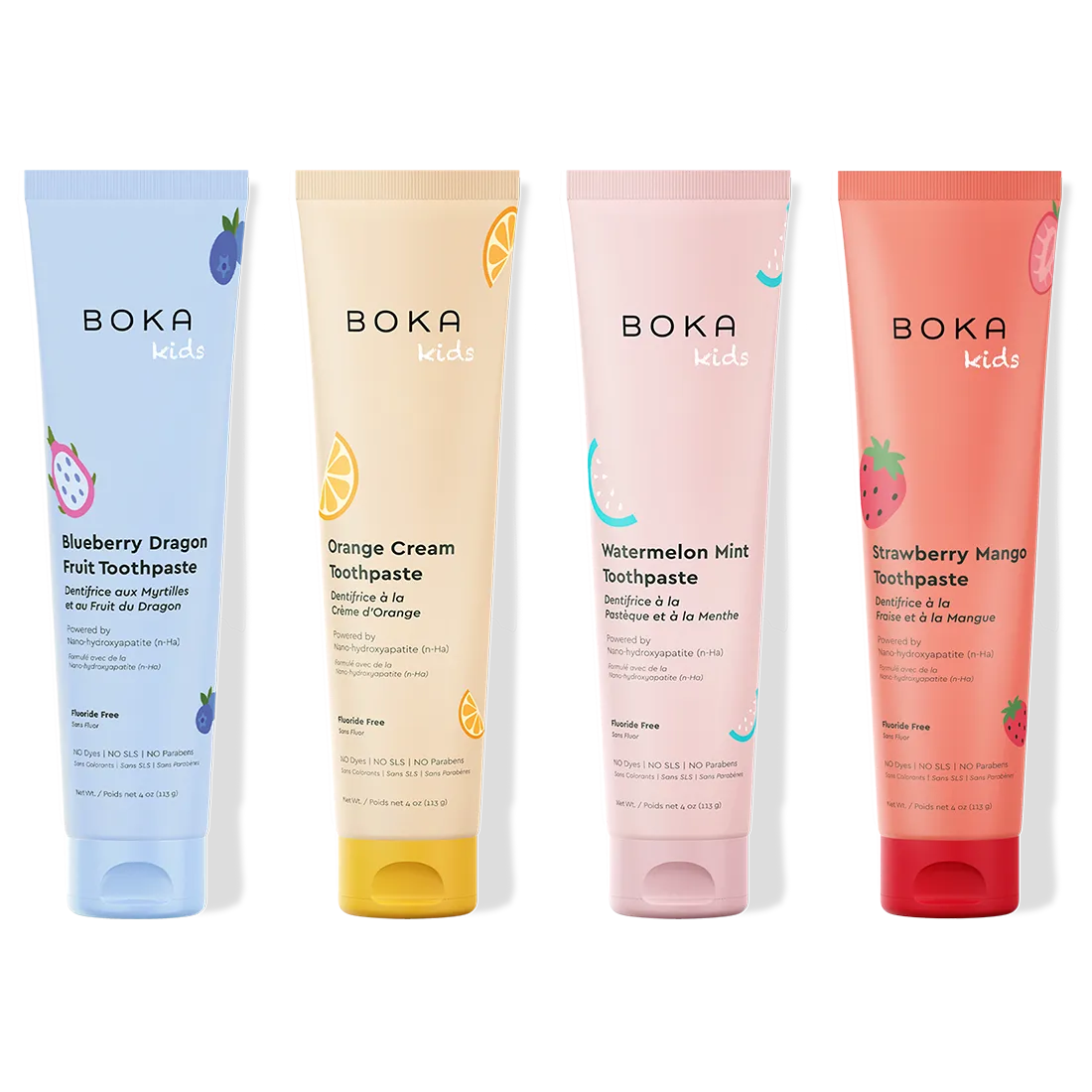 Four Boka Kids toothpaste tubes in different flavors on a white background