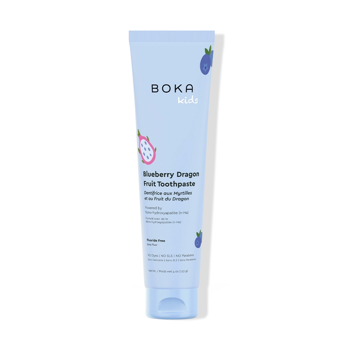 Boka Kids Blueberry Dragon Fruit Toothpaste tube on a white background