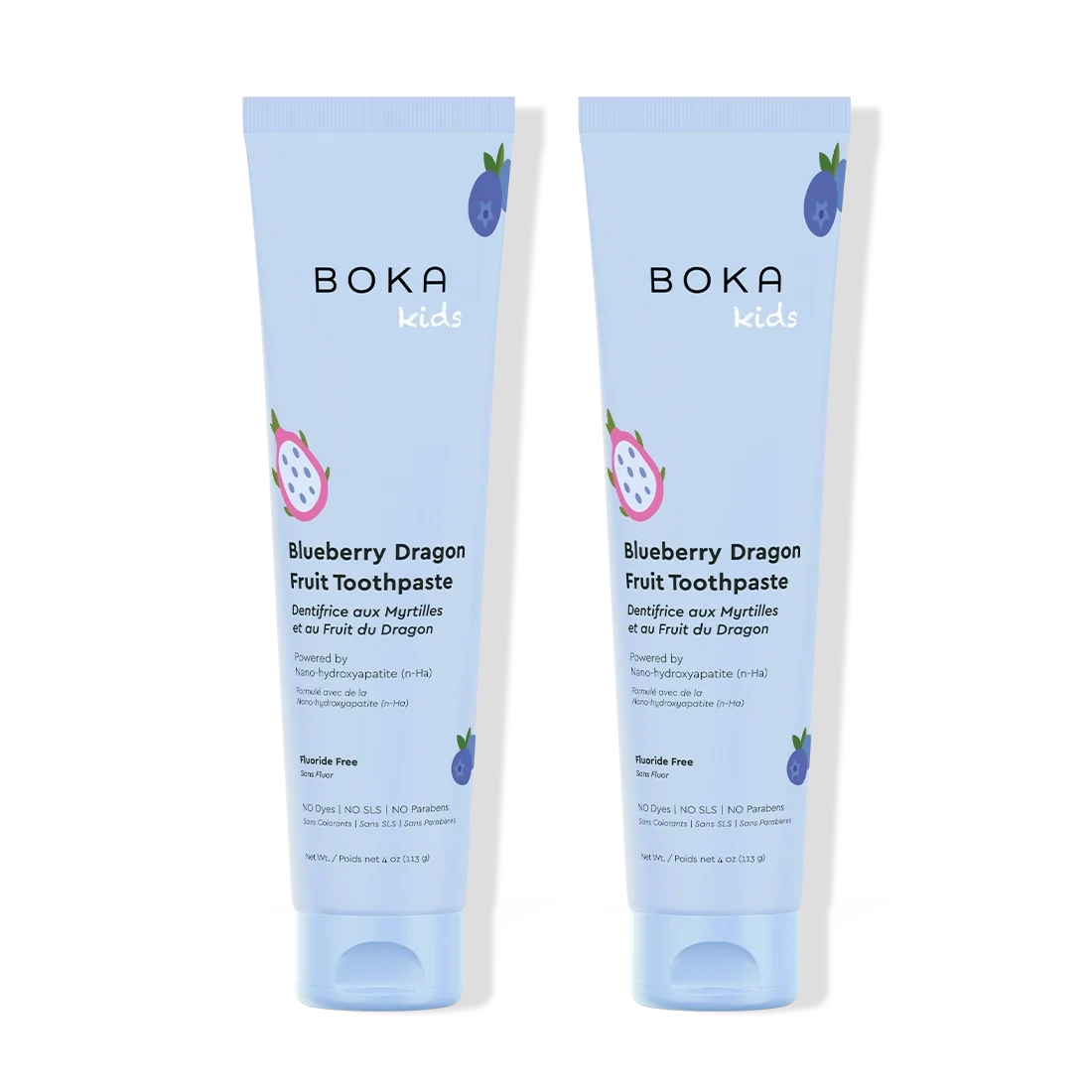 Two tubes of Boka Kids Blueberry Dragon Fruit Toothpaste on a white background