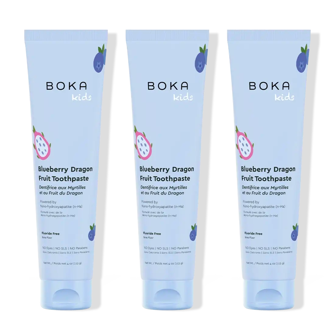 Three tubes of Boka Kids Blueberry Dragon Fruit Toothpaste on a white background