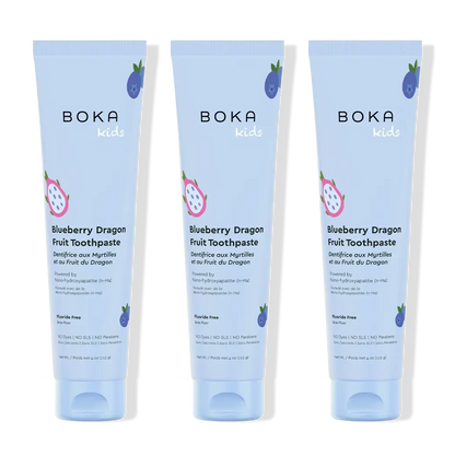 Three tubes of Boka Kids Blueberry Dragon Fruit Toothpaste on a white background
